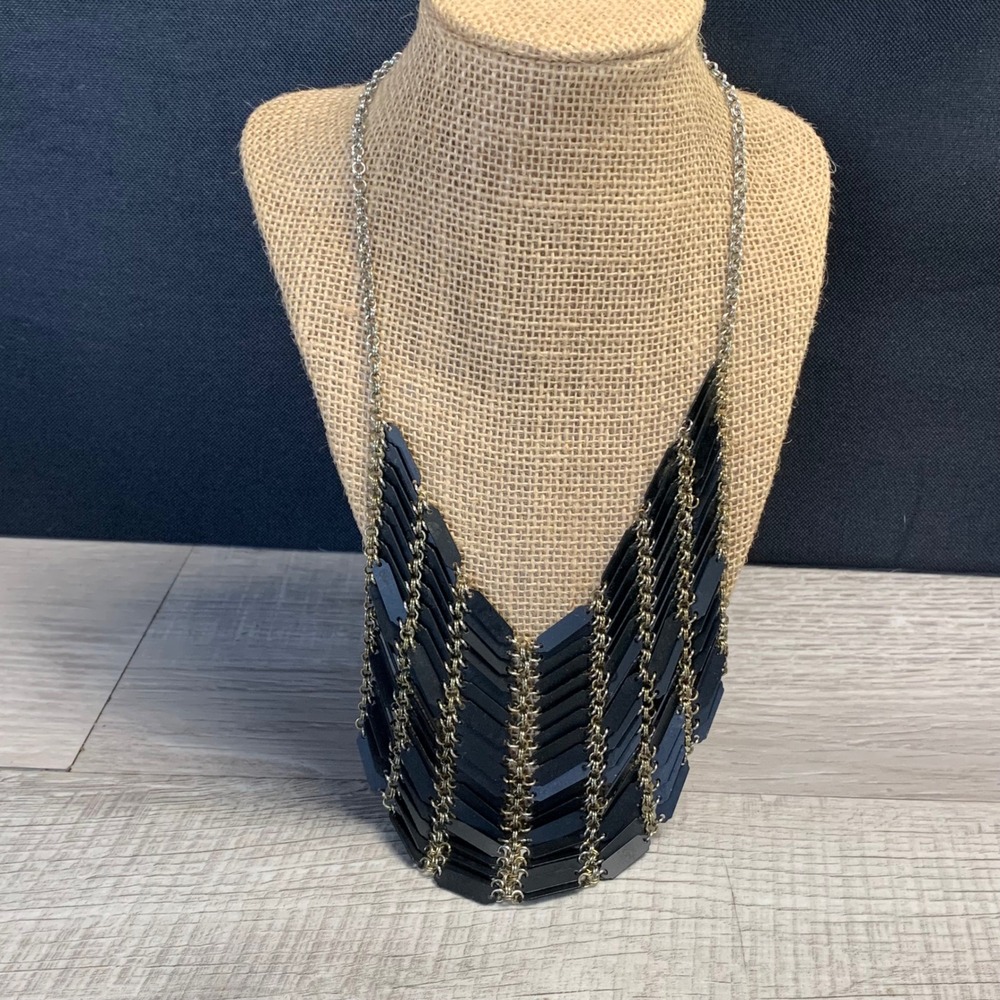 Matte Black Bib Statement Necklace Mixed Metal Chain Mail Tiered Edgy 20 Inch